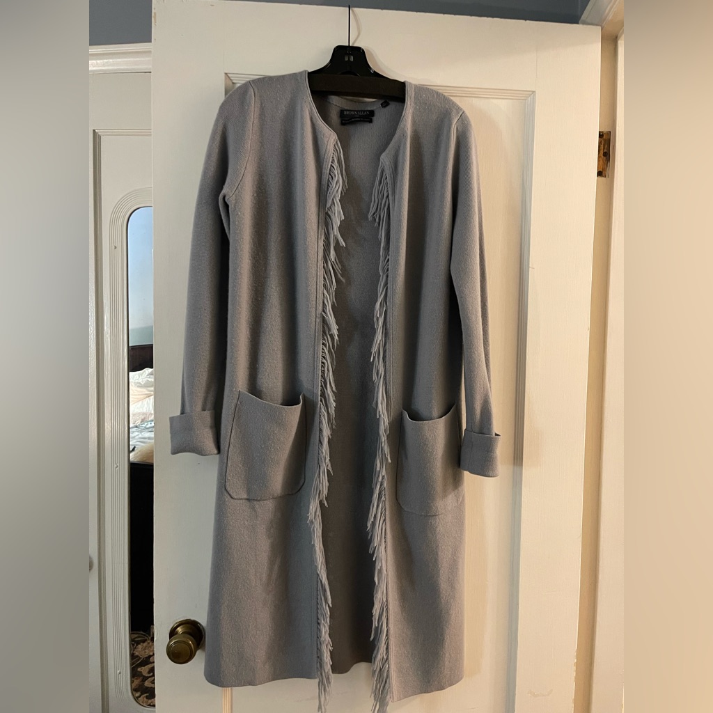 Brown Allen Merino Wool & Cashmere Blue Cartigan With 2 Pockets W/ Frindge - Xs